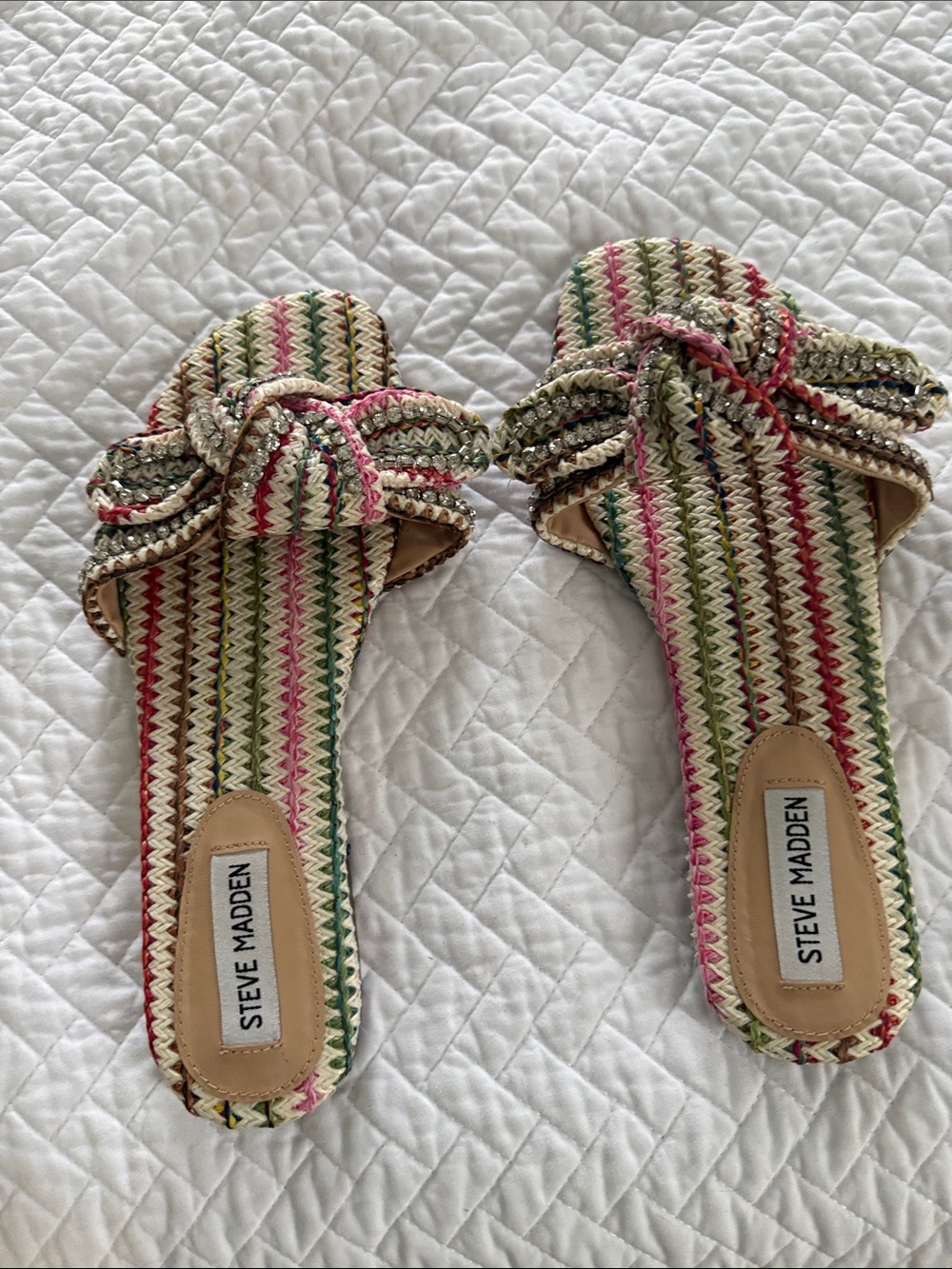 Steve Madden Pink, Green & Red Woven Knot Slide Sandals with sparkly accent